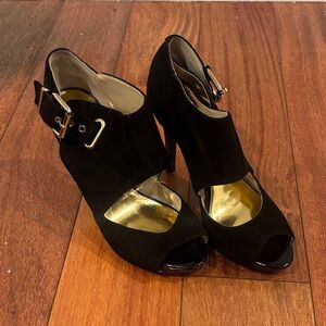 Nine West Black Peep-Toe Heels with Gold Accents